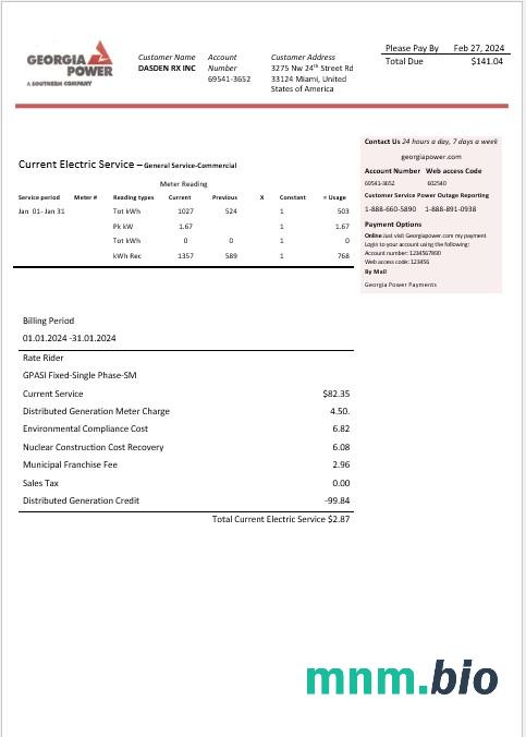 USA Georgia Power rachunek za usługi komunalne szablon w formacie Word i PDF, w pełni edytowalny